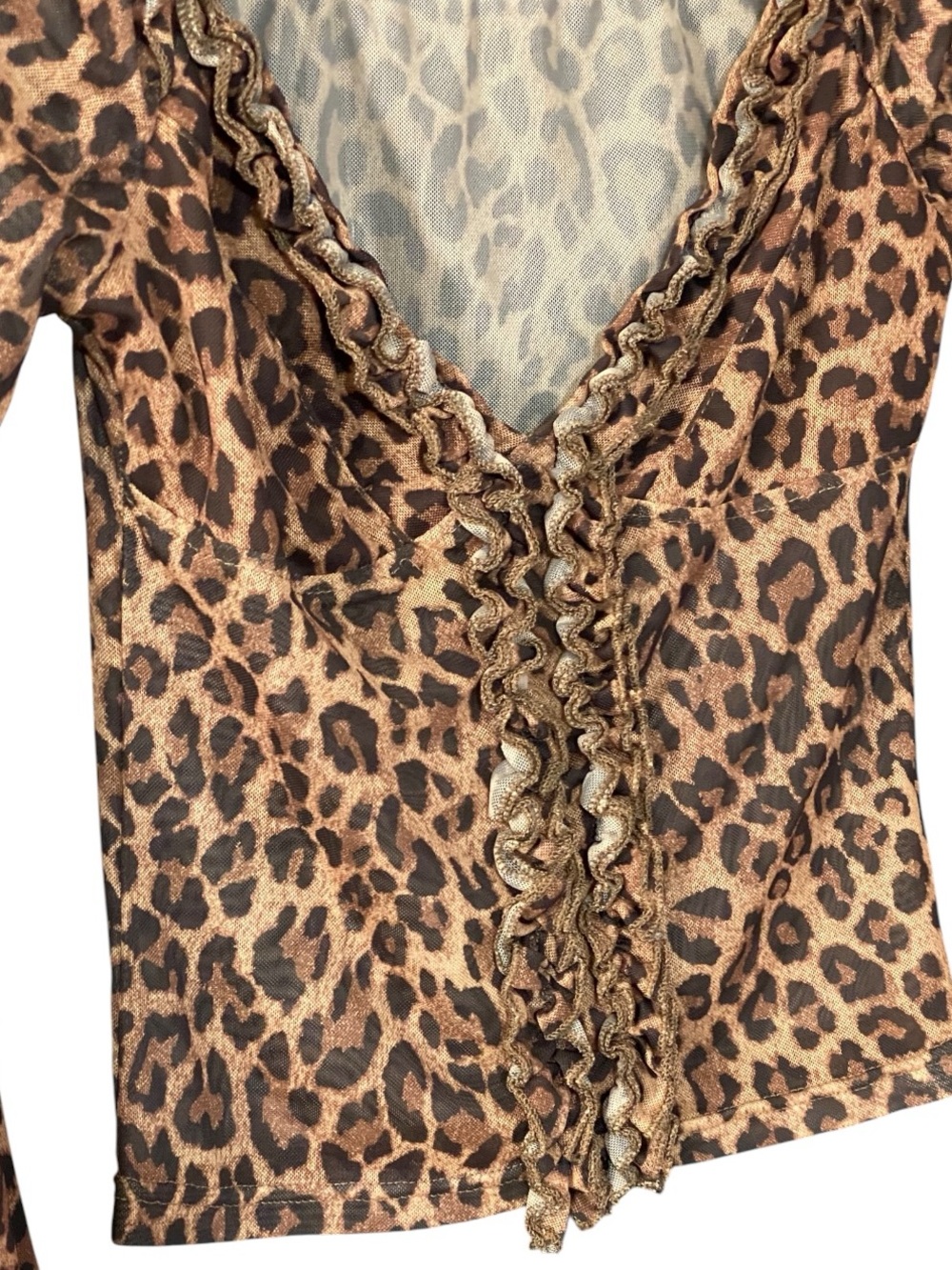 Y2K Leopard Mesh Top XS Off Shoulder Bell Sleeve Fairy Grunge Indie Sleaze - Picture 8 of 11